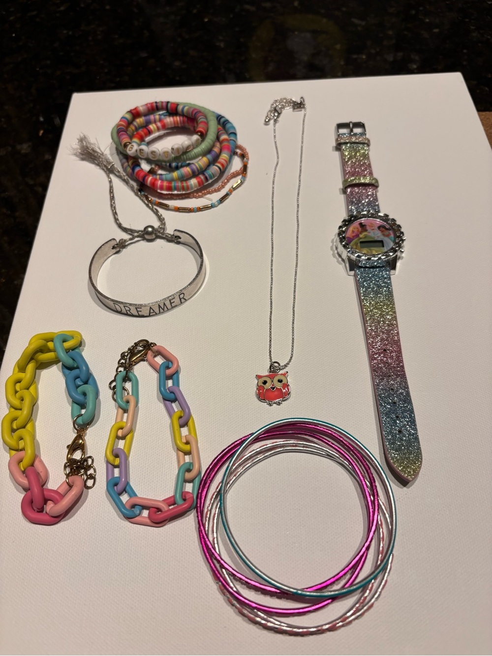 Lot of Kids Jewelry Multicolor Bracelets, Owl Necklace, Disney Princess Watch